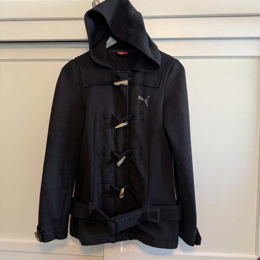 PUMA Black Jacket – Size Small Hooded Duffle Coat with Belt & Toggle Closure,